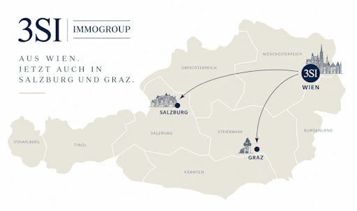 Österreichkarte mit markierten 3SI-Standorten in Wien, Graz und Salzburg.