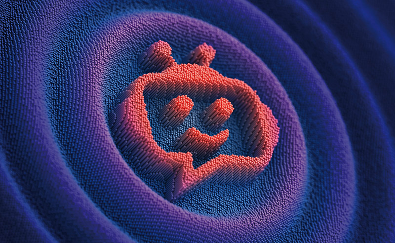Chatbot icon on the digital futuristic blue wavy background. 3d Illustration with bright colors and pixelated technology.