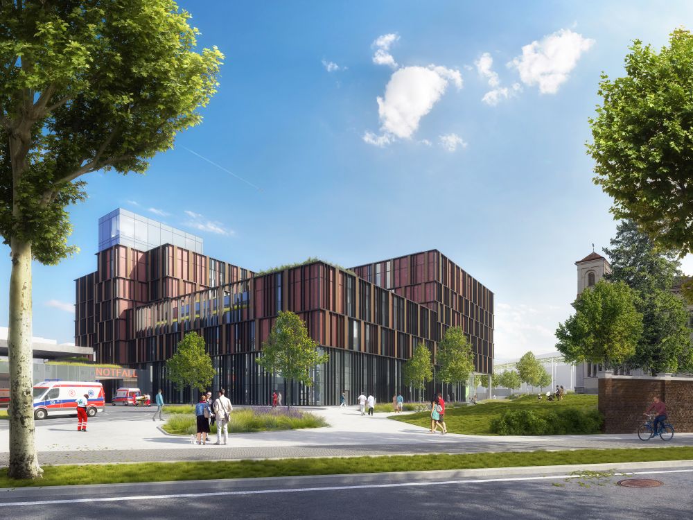 Visualisierung des neuen Zentralbaus der Klinik Favoriten mit der geplanten Zentralen Notaufnahme und angrenzenden Gebäudeteilen.