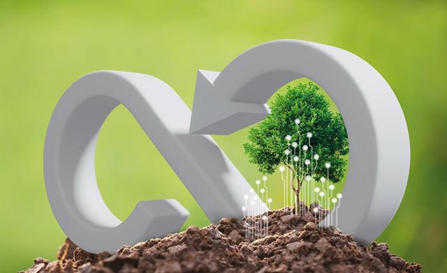 Illustration von Recycling, Baum und Erde