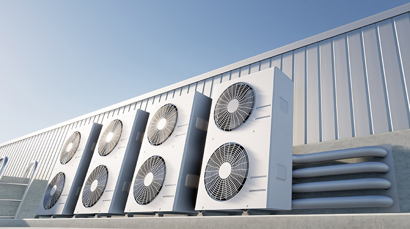 3d rendering of condenser unit or compressor on rooftop of industrial plant, factory. Unit of ac or air conditioner, hvac or heating ventilation and air conditioning system. Motor, pump and fan inside