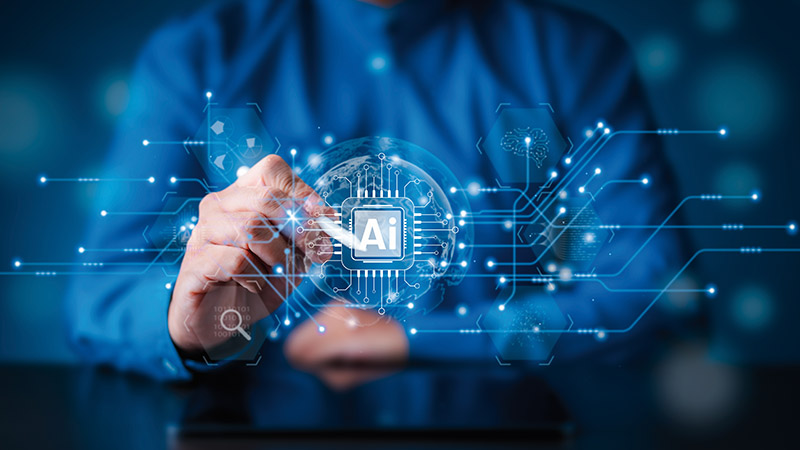 AI processor technology or Artificial Intelligence. Man using smart cloud A.I. by entering command prompt for generates a result, or training for machine learning. Chat with AI about new trends.