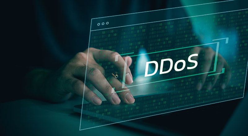 A person is typing on a laptop with the word Ddos on the screen. Concept of urgency and importance, as the person is likely working on a critical task or project