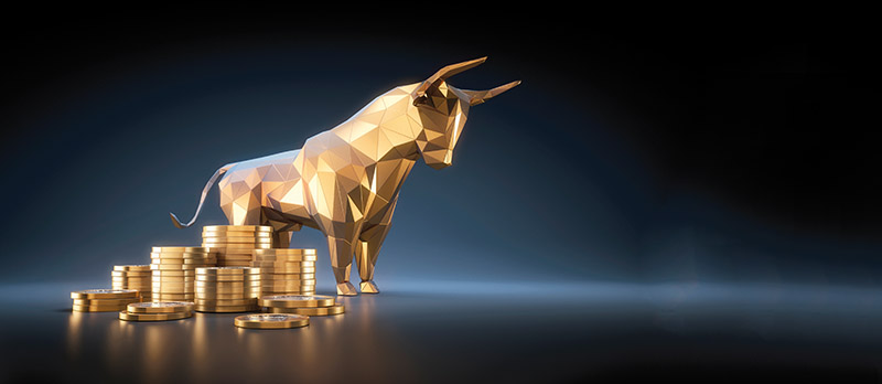 Golden bull with stacks of golden coins on a dark blue backdrop - 3D illustration