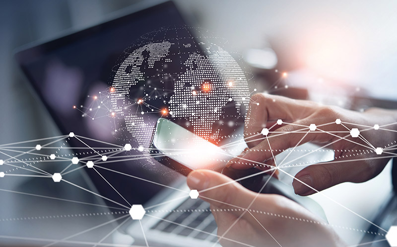 Digital technology, internet network connection, big data, digital marketing IoT internet of things. Woman using mobile phone and laptop computer surfing internet, innovative technology background