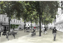 Wettbewerb Fußgängerzone Meidlinger Hauptstraße. Visualisierung von Beam für Popovic Architekten.