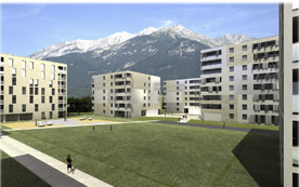 13 Gebäudewürfel mit insgesamt 444 Wohnungen im Passivhaus-Standard – realisiert von der Neuen Heimat Tirol für die olympischen Jugendspiele 2012.